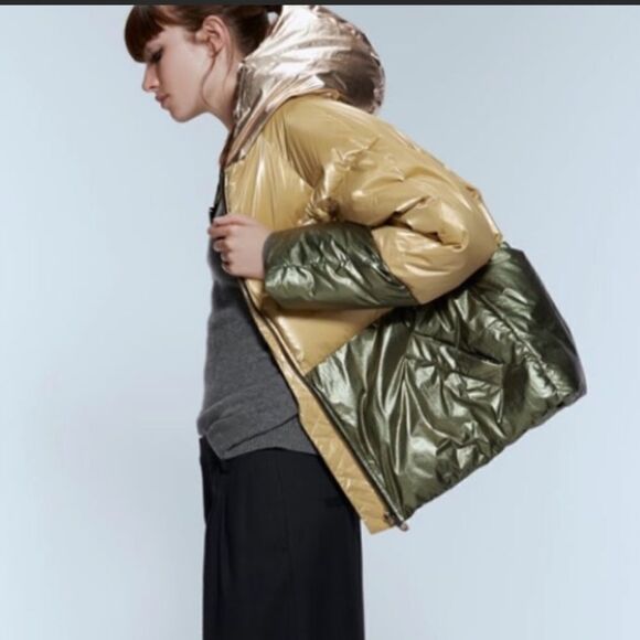 NWT Zara Golden Color-block Puffer Jacket Sz. XS - Picture 3 of 11